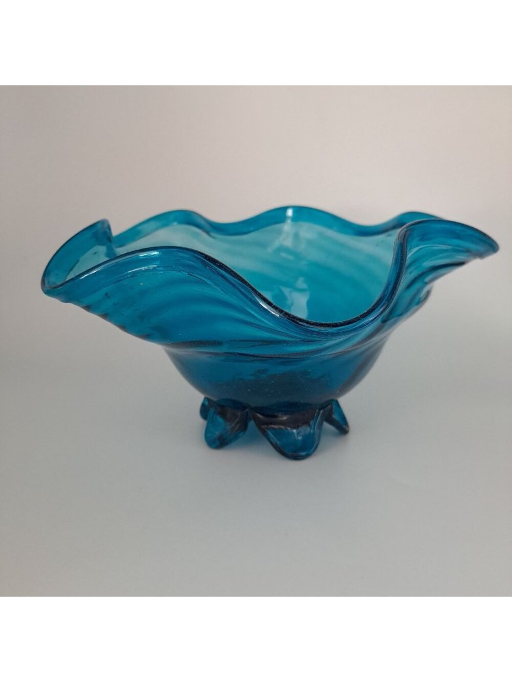Blue Handblown Glass Footed Bowl Wave Edge Pedestal Base Vintage